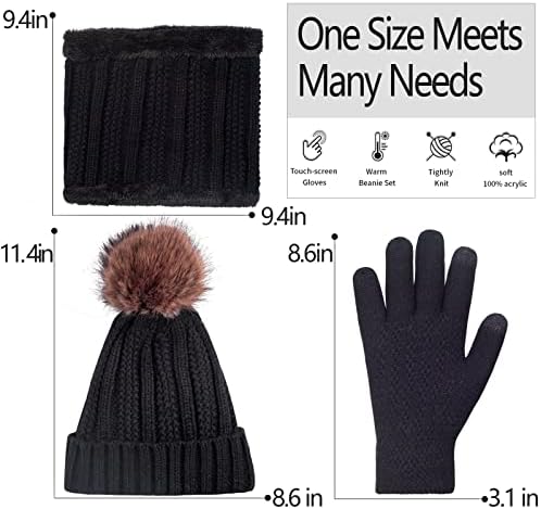 Womenените зимски капаци на ракавици за ракави, топло руно шалови на допир на допир на допир на екранот на допир 3 во 1