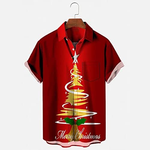 XXBR Божиќна кошула за мажи Хавајски опуштено копче за кратки ракави со кратки кошули надолу со кошули Дедо Мраз и ирвас за печатење