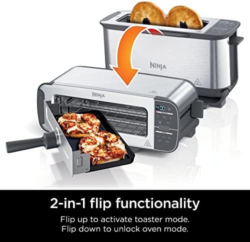 Ninja ST100 Foodi 2-во-1 флип-тостер, капацитет од 2 парчиња, компактна печка за тостер, производител на закуски, 1500 вати, не'рѓосувачки
