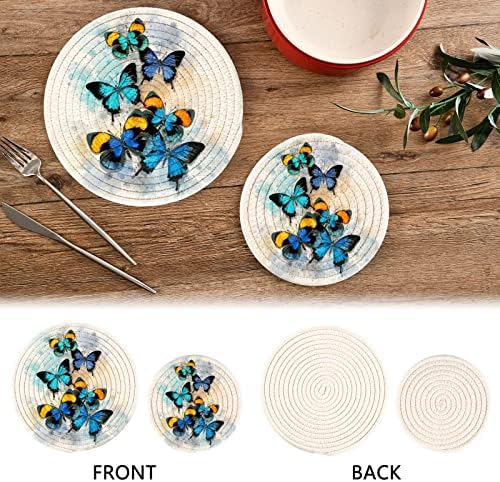 Алаза акварел сини пеперутки држачи за тенџере ситници поставени 2 парчиња, подножје за кујни, памучни крајбрежни сили за топли садови/топли