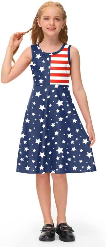 Бесербеј Девојка Четврти јули Американски Знаме Фустан Ѕвезди Ленти Замав Миди Резервоар Фустан 4-14 Години