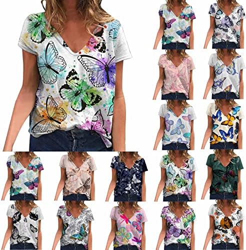 Womenените летна обична врвна кошула V вратот печатена маица со кратки ракави Туника блузии лабави ленти за кошули за жени