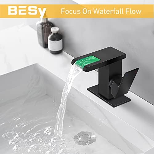 Бесид LED цврст месинг водопад Црна тапа за бања, единечна тапа за мијалник за бања, 3 бои што се менуваат светлина со единечна
