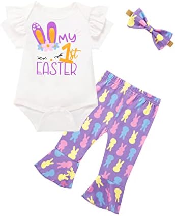 Новороденче девојче Мојата 1 -ви панталони за велигденски зајаче постави 3 парчиња, ромпер на ракав за новороденчиња, ромпер bellвонче,