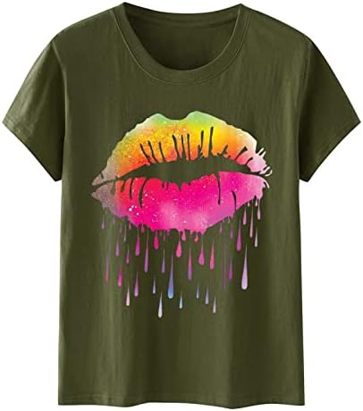 Chrortенски краток ракав шарени усни печати маица летен круг врат симпатична графичка маичка маици врвни