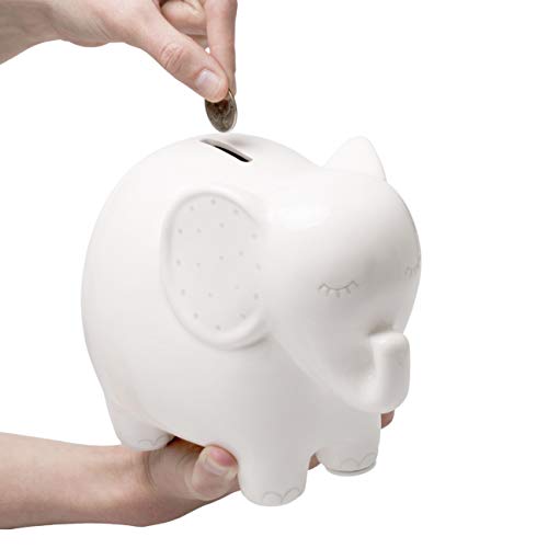 Pearhead Ceramic Bunny Coin Bank, родова неутрална расадник декор, чувар или банка за заштеди банка за деца, модерна банка за свињи, бела
