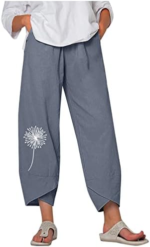 Wybaxz 2023 модни пантацо панталони со џебови капри панталони за жени печати памучни постелнини панталони широко летно лето лето