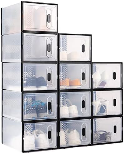 12 кутии за складирање на чевли со пакувања, кутии за чевли чиста пластична стабилна со предна магнетна врата, вентилација и доказ за
