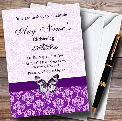 Виолетова Гроздобер Цветни Дамаск Пеперутка Персонализирани Покани За Крштевање