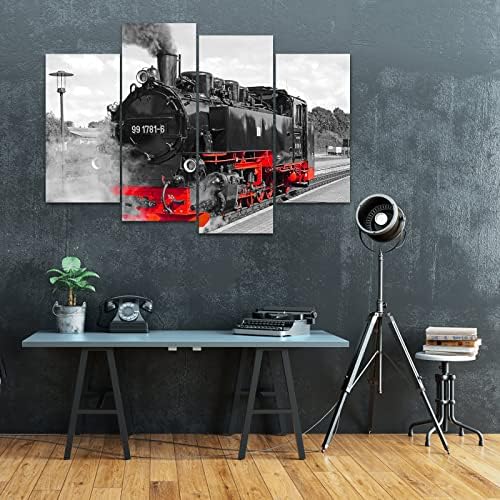Artkissmore Train Canvas wallидна уметност-Гроздобер црно-бел црвен пареа воз со слика wallид декор врамени големи 4 панели рустикален