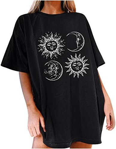Преголеми графички кошули за жени Сонце и месечина околу вратот со кратки ракави на врвот лабава летна блуза тинејџерска девојка ти