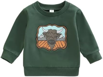 Нубео дете бебе момче облека облека крава печати западна фарма со долги ракави екипаж џемпер на џемпер на врвови на врвови на