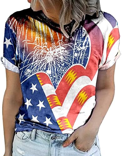 Американски кошули со знаме за жени 4 -ти јули врвови на секој ден за лабава независност на кратки ракави, основно патриотски пат