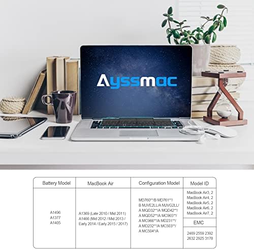AYSSMAC A1466 Батерија A1405 A1496 A1377 Замена на лаптопот Компатибилна со Apple MacBook Air 13 Inch A1466 A1369 [7200mAh 53.28Wh 7.4V]