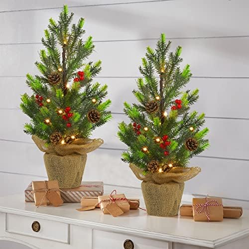 Juegoal 2 пакет вештачки мини новогодишни елки, 24 инчи осветлена таблета Божиќно дрво со светла, мала светлина батерија управувана од смрека со