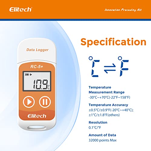 Elitech RC-5+ Дигитален PDF USB Температура на податоци за логиер за еднократно рекордер Термометар на ладилникот 32000 точки Висока точност