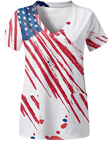 4 -ти јули маички со маици за жени во САД знаме лето кратки ракави против вратот со 2 џебови блузи одморен случајна работна облека
