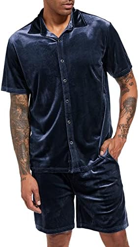 Лекги мажи летни случајни кратки комплети со вилветни кратки ракави копче надолу со кошула еластична половината шорцеви 2 парчиња