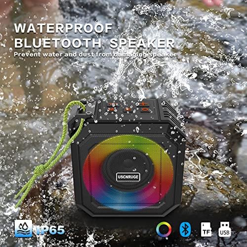 Uscnruge Преносен Bluetooth звучник IP65 Водоотпорен туш TWS безжичен 360 ° стерео субвуфер со RGB мултипул бои ритам светла за подароци за кампување со базени за плажа Поддршка TF