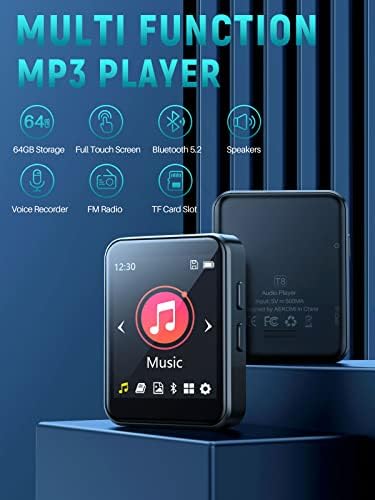 64 GB MP3 Player Bluetooth 5.2 Music Player на екран на допир со звук без звук на звук MP3 со FM радио снимање е-книга 1,8 инчен