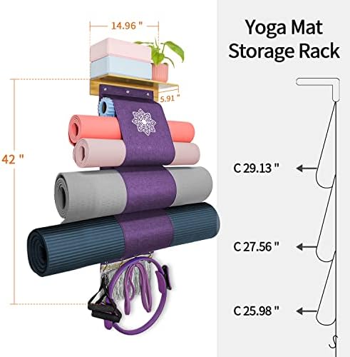 Joga mat holder wallид монтирање, Aconfei yoga Mat Shastic Rack, организатор на јога мат со 3 џебови со големини и 4 не'рѓосувачки