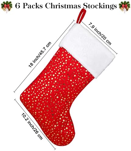 Anvavo 6 Pack Божиќни чорапи 18 инчи големи Божиќни чорапи со сјајно печатење на starвезди и плишани манжетни за семејни празнични сезони