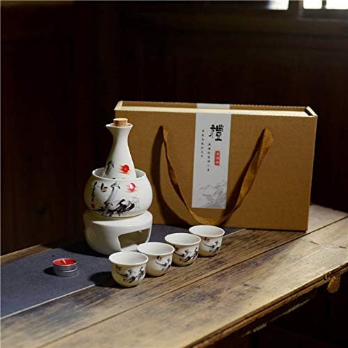 LHH Sake Set со потопло, керамички чаши за раствор Традиционален керамика топла саки сет, 7 парчиња вклучуваат 1 шпорет 1 сад за затоплување