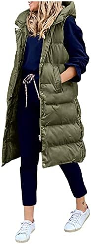 Longенски долги зимски капути елек со аспиратор, загреано палто со џебови со ватиран елек надолу со ватиран на отворено