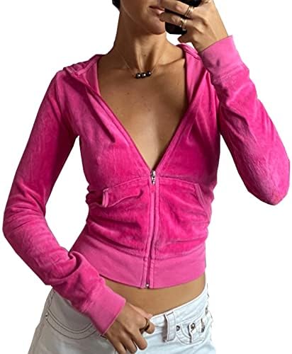 Women'sенски кадифе со долги ракави, отпечаток од срцев печатење, прицврстувач на куќиште y2k zip up crop јакна џемпер