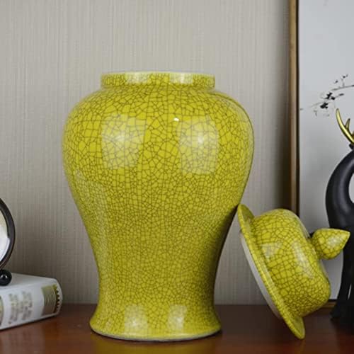 Тегли со жолти керамички керамички керамички вазни со капак за декор за домови, модерна сушена вазна декорација за дневна соба за
