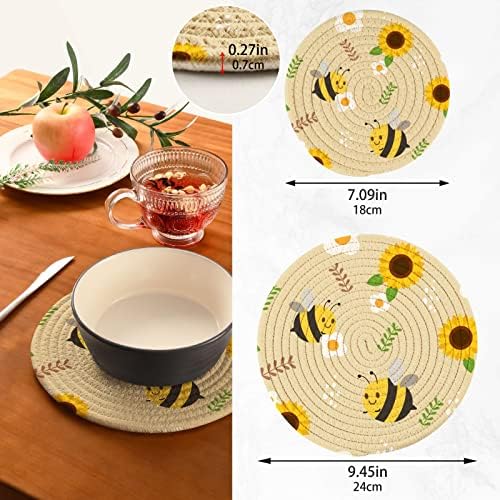Снимки од сончоглед од пчела за кујнски ситници за топли јадења 2 парчиња отпорни на топлина, памучни јаже тркалезни душеци за кујнски потреби