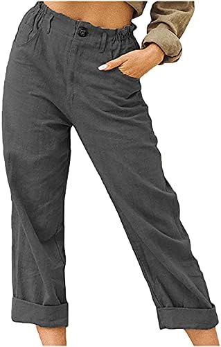Постелнини капри панталони за жени лабави се вклопуваат обични исечени панталони еластични половини летни удобни директни панталони