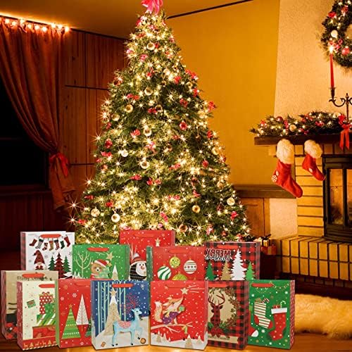 12 пакувања големи премија за Божиќни торби за подароци- 12 стилови Класични сорта со разновидност на куќи за подароци Масовни