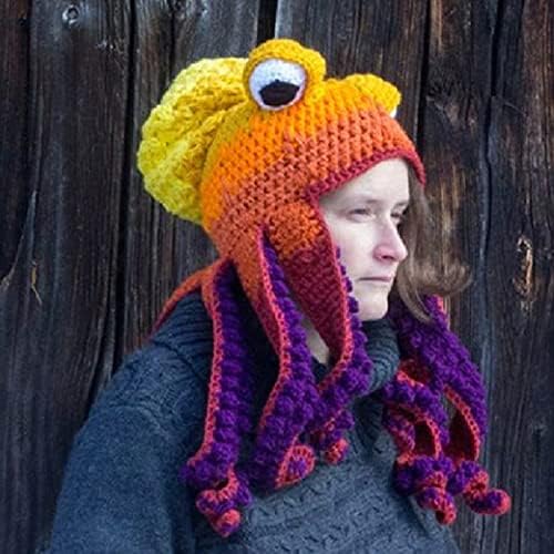 YeNei crochet octopus hat Смешна капа од октопси со пипала, возрасни мажи и жени Зимска волнена капа, добар роденден црвено