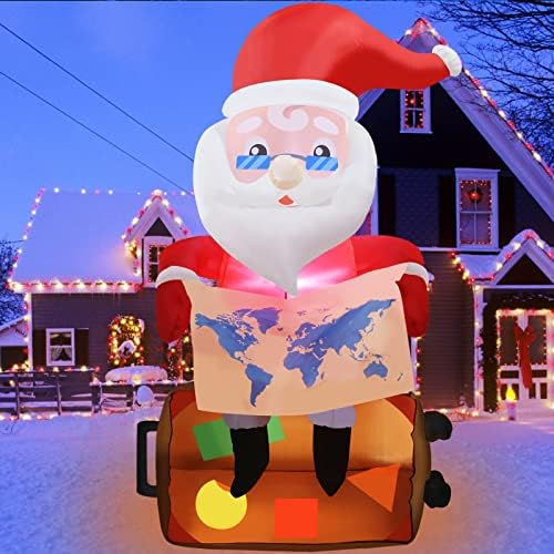 6.3ft Дедола турнеја Божиќни украси за надувување, Дедо Мраз патува низ целиот свет со мапа и куфер рестартирајте го прекуграничниот