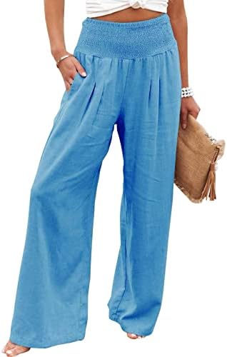 Женски обични панталони памучни постелнина панталони со високи половини панталони исечени панталони едноставни панталони со џеб