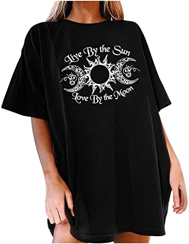 Womenените сонце и месечина графичка маичка за печатење преголема кратка ракав екипаж на вратот на вратот на вратот на рамената на
