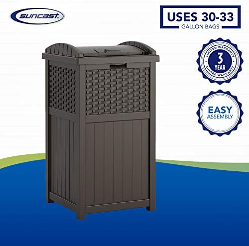 Suncast 33 Gollon Hideaway Trash Can за внатрешен двор и 33 галон Hideaway може да смоли отпадоци од отворено со употреба на капакот во задниот