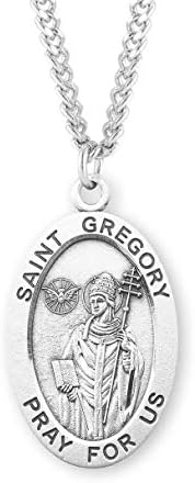 Покровител Свети Григориј Овален Сребрен Медал | 1.1 х 0.7 | Кадифена Кутија За Подароци | 24 Родиум Обложен Бесконечен Синџир