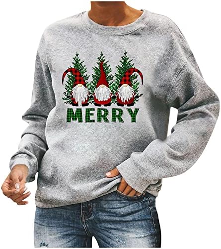 Среќни Божиќни џемпери за жени графички пуловер за новогодишни екипи симпатични божиќни кошули со врвови на врвови