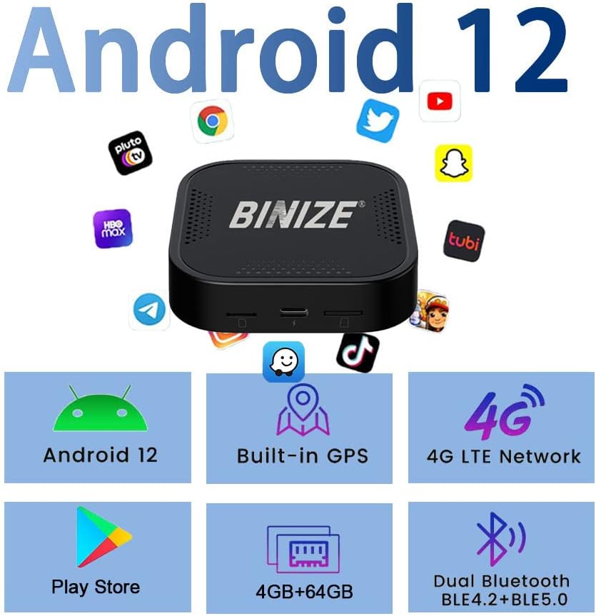 Бинизирајте Андроид 12 Безжична Карплеј Аи Кутија, 4+64ГР, Безжичен Карплеј Безжичен Андроид Автоматски Адаптер Аи Кутија За Автомобил СО ОЕМ