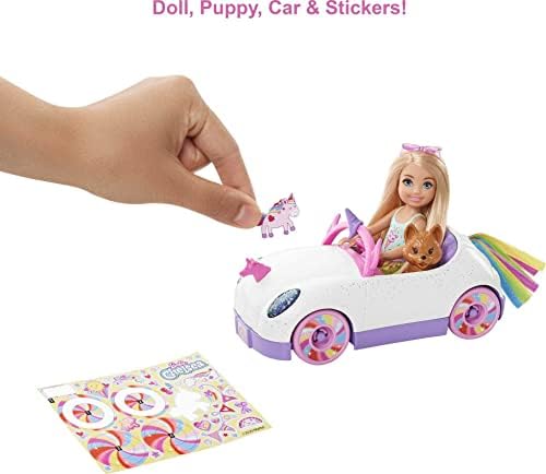 Барби Челзи кукла &засилувач; Еднорог Играчка Автомобил, Русокоса Мала Кукла Во Отстранлив Здолниште, Миленичиња Кутре, Налепница лист