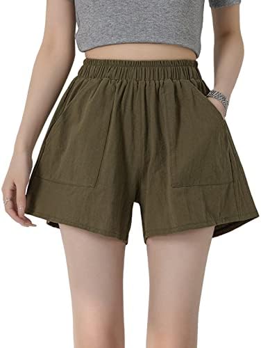 Oplxuo женски памучни постелнина летни еластични половини широки нозе обични шорцеви лесни облеки за одмор со џебови