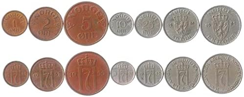 7 Монети Од Норвешка / Норвешка Монета Збирка 1 2 5 10 25 50 Руда 1 Круна | Циркулирани 1908-1952 | Крст