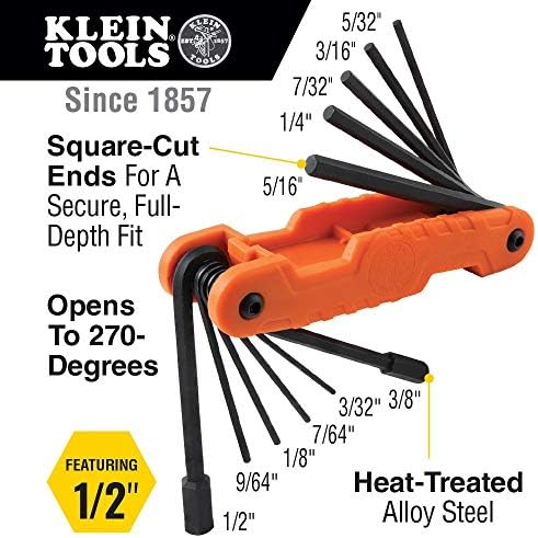 Klein Tools 94130 1000V Изолиран сет на алатки за шрафцигер и 70550 HEX клуч за клучеви, 11 големини на SAE, алатка за клучеви со тешки