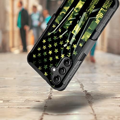 Далукс V Kickstand Hybrid Телефонски Случај Компатибилен Со Samsung Galaxy A14 5G-Зелена Камо Половина Американско Знаме