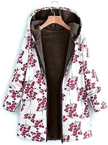 Зиперска јакна за жени со аспираторско руно Зимски топли палта цветни печатени џебови со качулка гроздобер преголема надворешна облека
