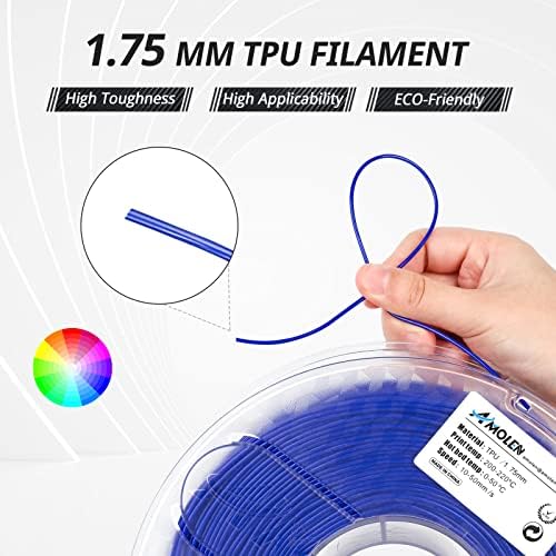 Амолен TPU филамент 1,75мм, флексибилен филамент за печатач 3D, мек TPU 3D печатење, драгоцено сино 1 кг/2.2lbs