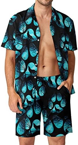 Weedkeycat Paw Galaxy Night Wolf Man's Mach Beach Outfits 2 парчиња Хавајски копче надолу со кошула Краток ракав и сет на трупот на