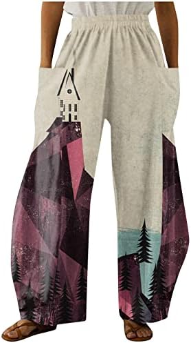 Женски постелни панталони половината лабава печатена домашна панталона со права нога со џебови летни панталони за плажа
